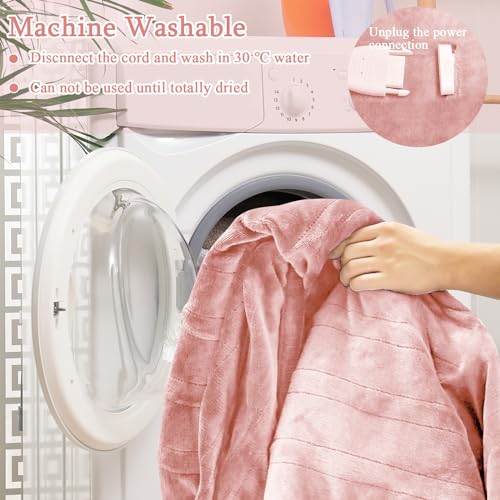 HOMASIS Electric Heated Blanket, with automatic shut-off, 4 heat settings, 8-hour timer, PTC/NTC overheat protection, remote control, machine washable Flannel Warming Blanket (Pink, 130x180cm)