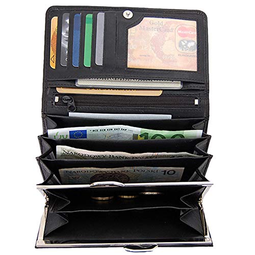 Women's long wallet made of leather with snap closure. Ideal for storing money and cards. (Green)