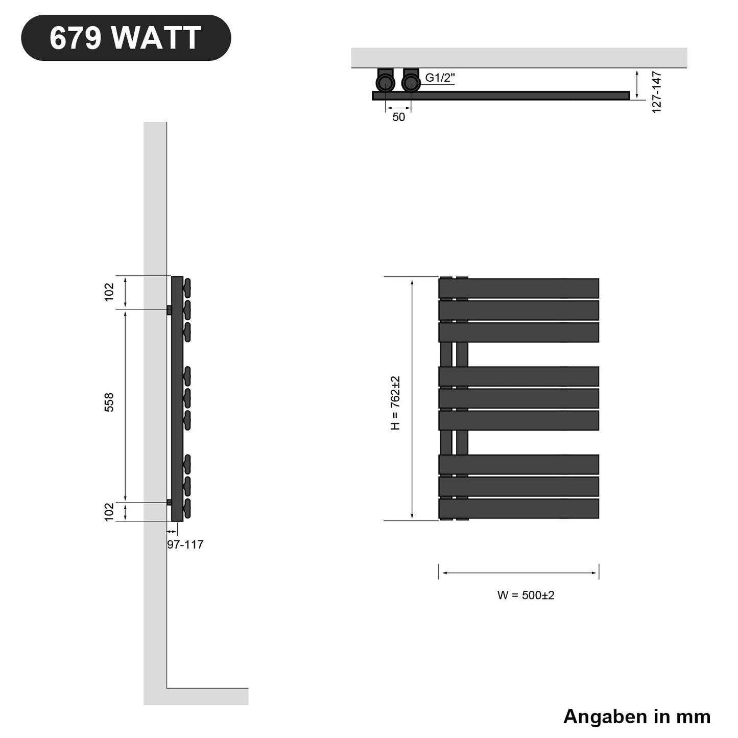 SONNI Flat Panel Towel Radiator 762 x 500 mm Anthracite Towel Warmer Side Connection Towel Heater 679W