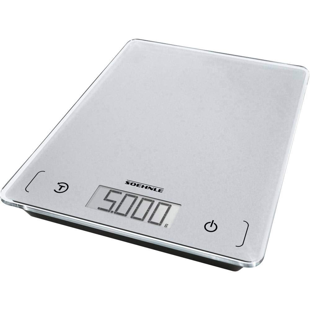 Soehnle Page Comfort 100, digital kitchen scale, silver, weight up to 5 kg (1 g accurate), household scale with sensor touch, electronic scale including batteries, large LCD display