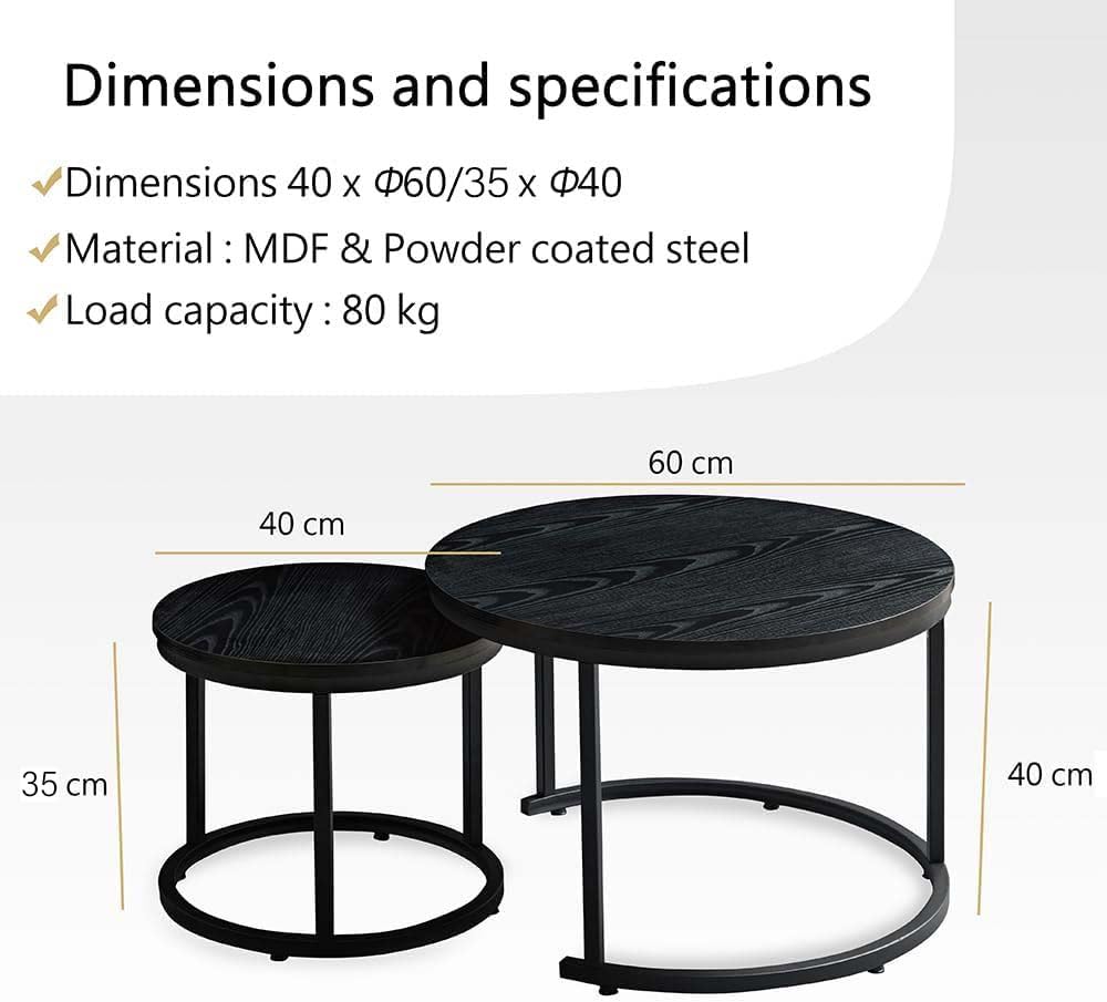 Home Heaven® Coffee Table Round Black 2 Pack - Round Living Room Tables Wood for Lounge - Ø60cm Ø40cm