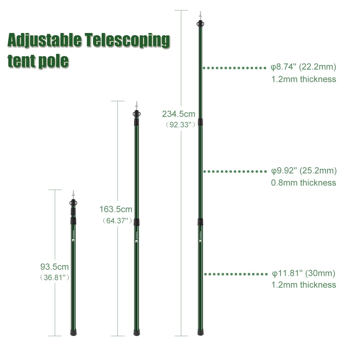 Tent poles, camping poles for tarps, awnings, canopies, porches, sun sails. Headroom, aluminum, adjustable telescopic, 90-230 cm (Silver).