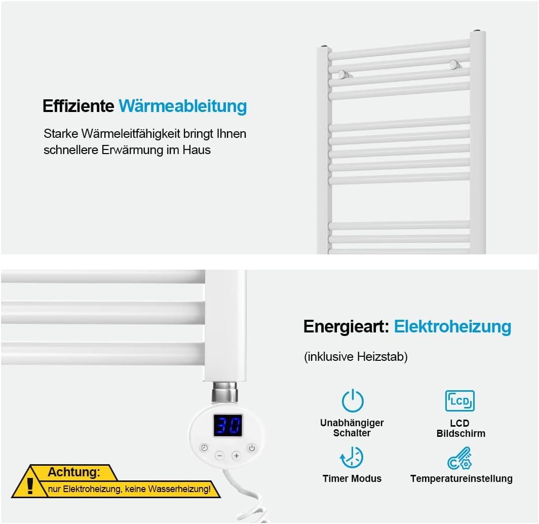 Heilmetz electric towel warmer 70x50cm with digital thermostat and timer function. Straight white towel radiator 284W.