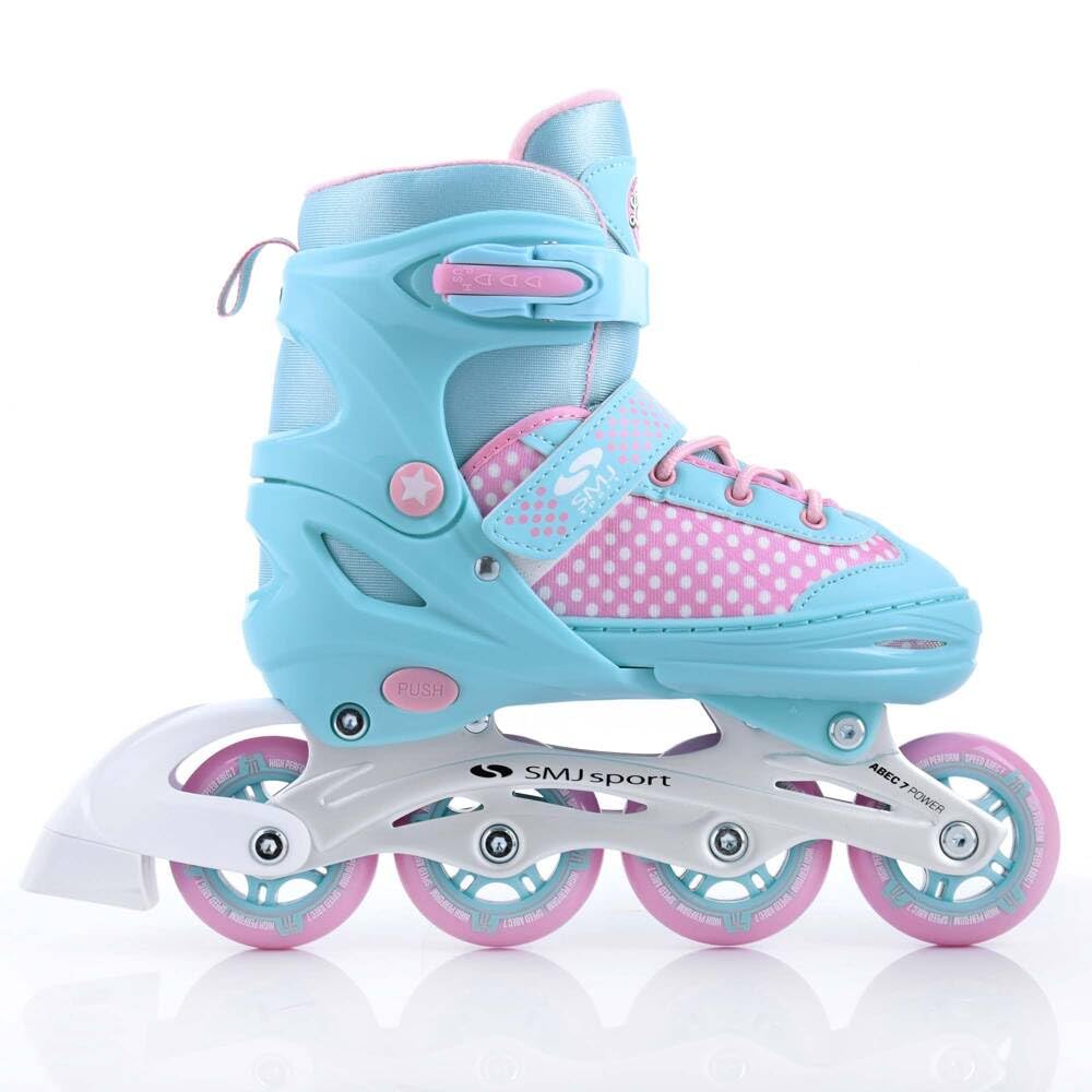 SMJ Lily Kids Girls Set 2in1 Inline Skates/Ice Skates ADJUSTABLE | ABEC-7 Roller Skates | Inline skates convertible to ice skates | Turquoise/Pink (M (34-37))
