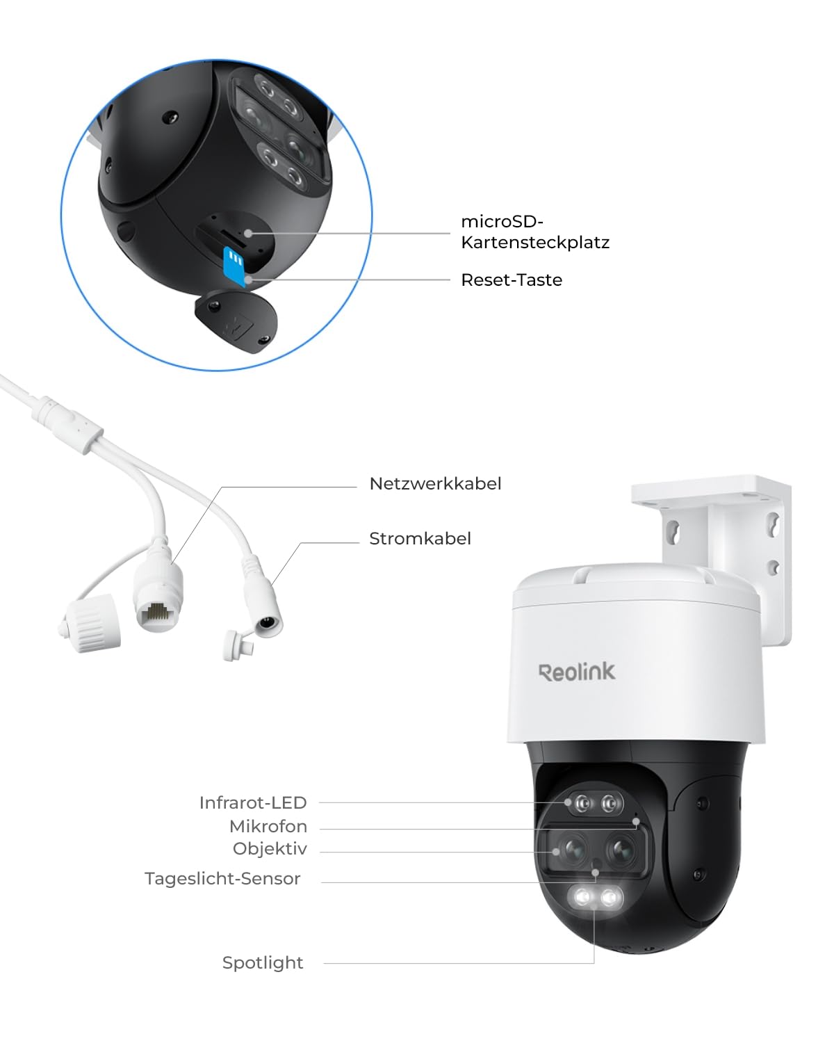 Reolink 4K 8MP PTZ PoE outdoor surveillance camera with dual-lens, 6X hybrid zoom, 355°/90° pan/tilt, auto-tracking, color night vision, person/vehicle/pet detection, 2-way audio, TrackMix PoE.