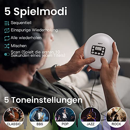 HOTT CD711T Portable Bluetooth CD Player Rechargeable for home, on-the-go, and in the car with stereo headphones and Anti-Shock Protection-Silver