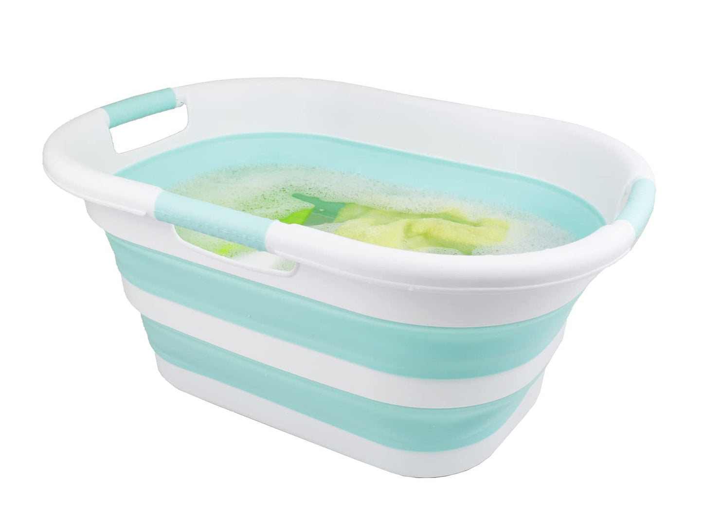 SAMMART foldable plastic laundry basket, 40L, collapsible pop-up storage container/organizer - portable wash tub - space-saving laundry hamper (1, White/Sea Green)