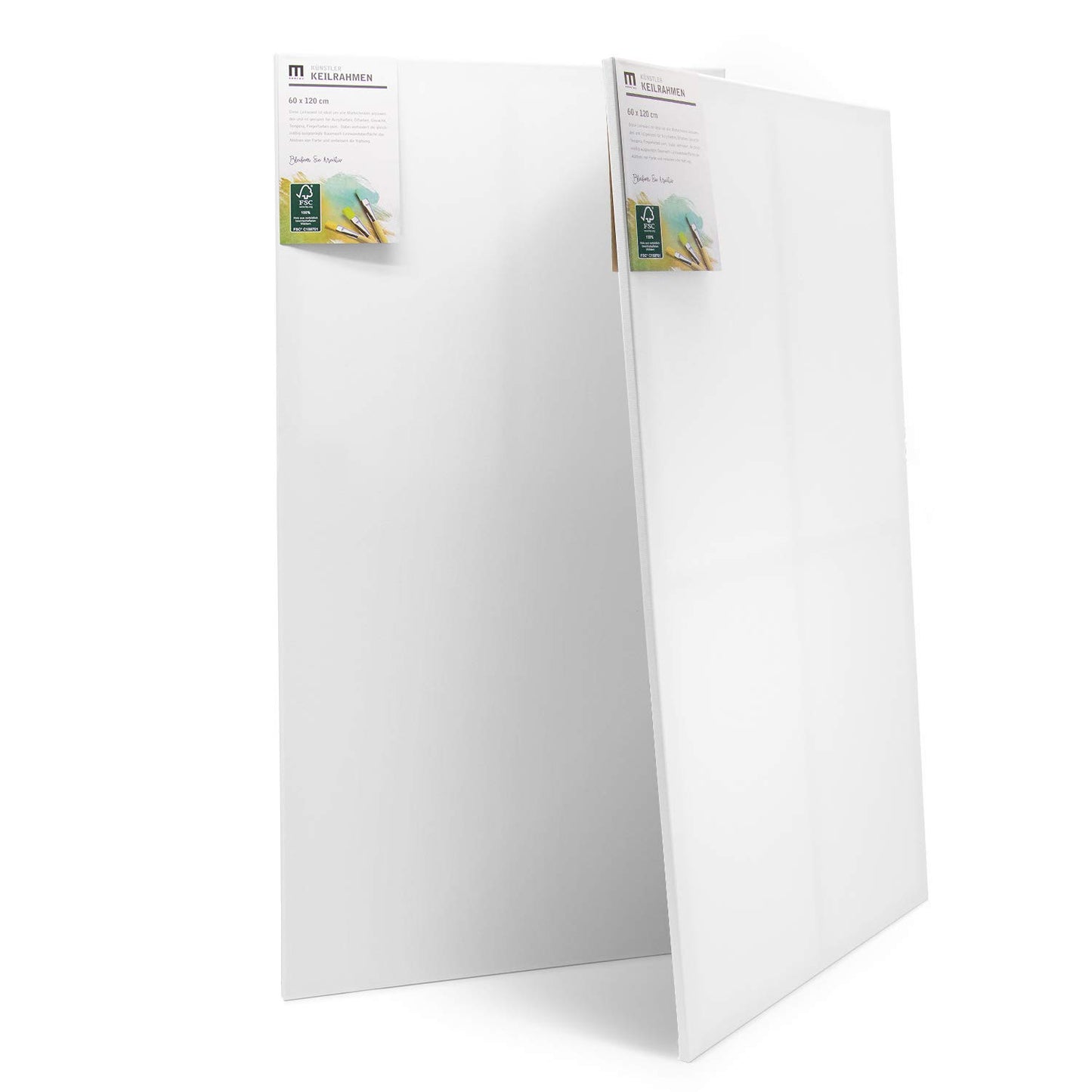Set of 2 artist canvases for painting, each 60x120cm. The blank, white canvas is made of 100% cotton and stretched around FSC® wooden stretcher bars with 17mm thickness, 280gsm, double primed in white.