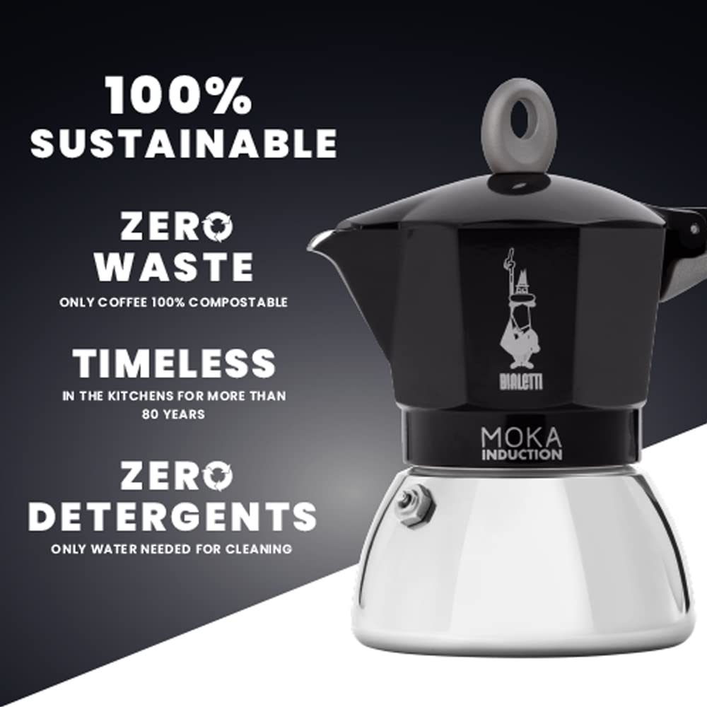 Bialetti - Moka Induction, Moka pot, Suitable for All Stove Types, 2 Cups of Espresso (100ml), Black.