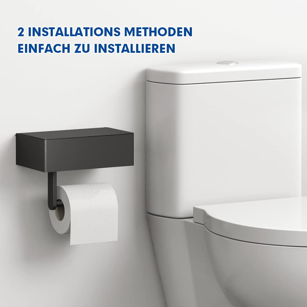 MVKV toilet paper holder with wet wipes box, matte black toilet paper holder with shelf, no drilling required, wall-mounted 304 stainless steel toilet roll holder with storage for bathroom.