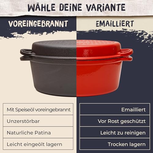 FLAVEMOTION cast iron pot with lid as a grill pan, 30cm, oval, 6.5kg, bread baking, stew pot - roaster & grill pan induction compatible, accessories