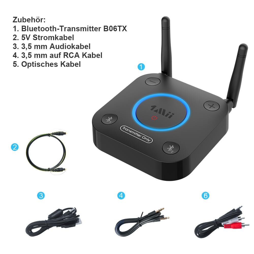 1Mii Bluetooth 5.2 Transmitter for TV, Long Range Bluetooth Audio Adapter, aptX HD Low Latency Bluetooth Sender for 2 Headphones Speakers, 3.5mm AUX/Optical/Coaxial Cable, Volume Control