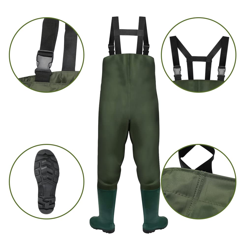 Jiubiaz 70D Nylon Composite PVC Waders with non-slip rubber boots. Ideal for construction sites, fishing, farms, and gardens. Suitable for ponds and floodwaters. Size M.