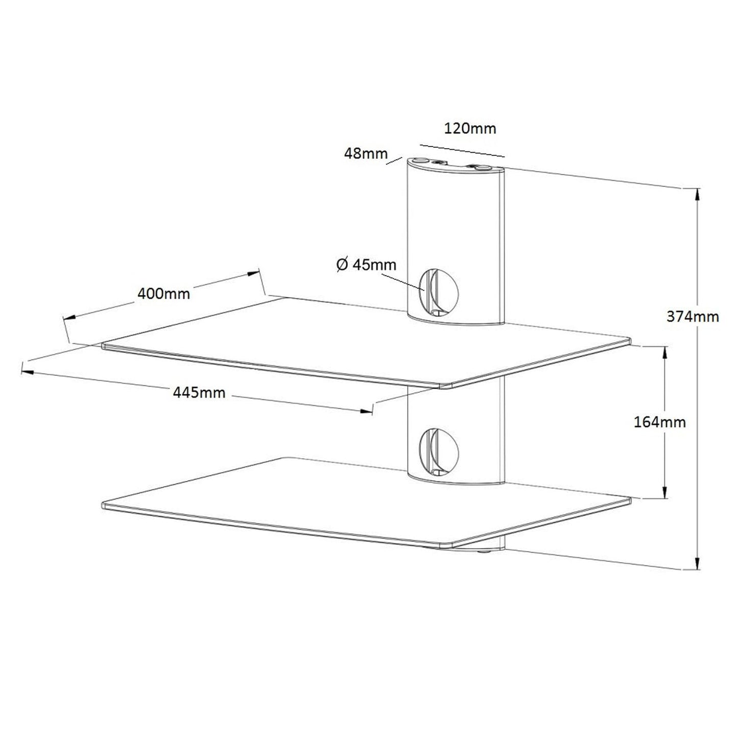NEG HiFi shelf suspender 502S HiFi rack console rack wall shelf floating (silver) with 2 large glass shelves (transparent) and cable management system