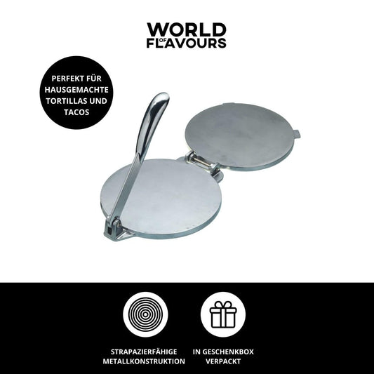 KitchenCraft World of Flavours Mexican Tortilla Press in Gift Box, Aluminium, 20 x 20 x 9 cm.