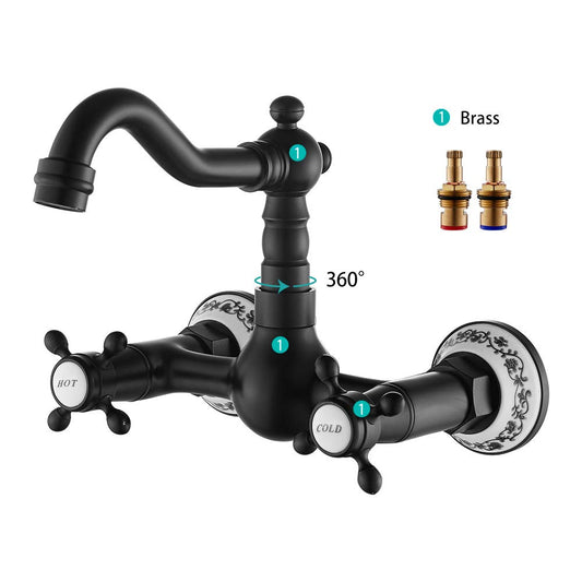 360° Rotatable Wall Mount Kitchen Faucet Brass Antique Wall Mounted Double Handle Sink Faucet Basin Faucet Water Tap Wall Bathroom Faucet Retro Basin Mixer for Kitchen (Black)
