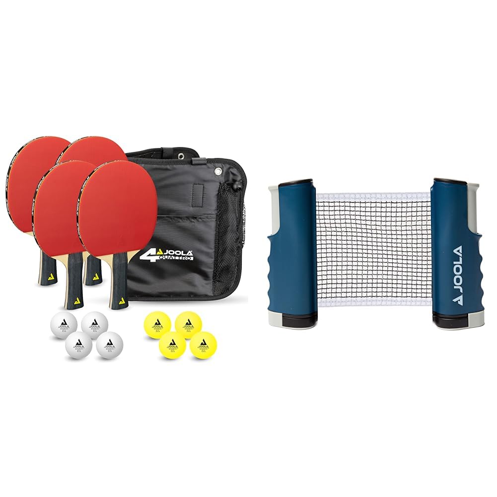 JOOLA Table Tennis Set Quattro, 4 Table Tennis rackets + 10 Table Tennis balls + Bag, 28.5x26x8.5cm & extendable portable Table Tennis net Connect, Set (adjustable length)