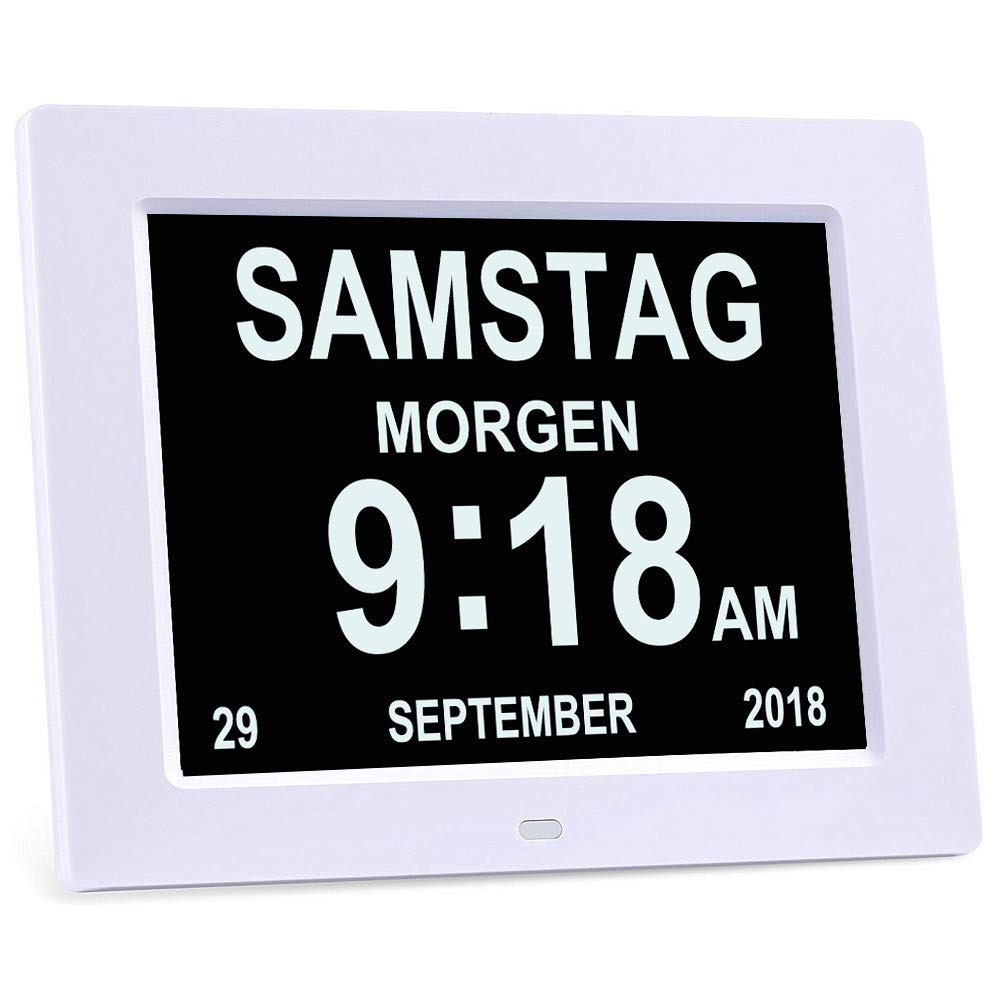 8-inch Digital Alarm Clock, Digital Calendar Day Clock, Alarm Clock Multiple Modes with Reminder Function for Seniors, Dementia such as Alzheimer's Patients, Large Font Electronic Calendar Day Clock - White