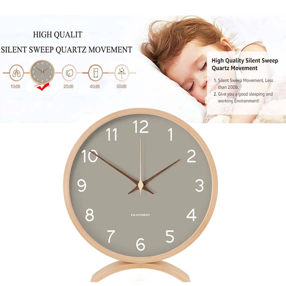 Maxspace table clock analog, 21cm wood battery operated, no ticking for bedroom office living room decor modern