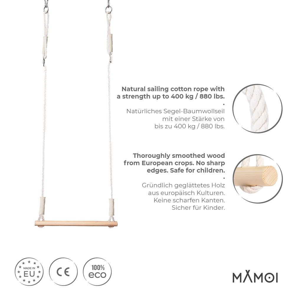 MAMOI® Trapeze swing, wooden gymnastic rings, kids' indoor and outdoor exercise equipment, ring swing, wooden swing set, gymnastic rings, and trapeze bar.