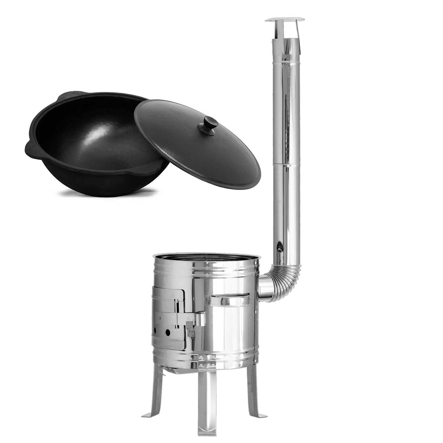 38 cm chimney with 12L cauldron; stainless steel Uchag with chimney; camping stove, fire pit, goulash cauldron, wok, one-pot stove, Hungarian kettle, pot for field kitchen.