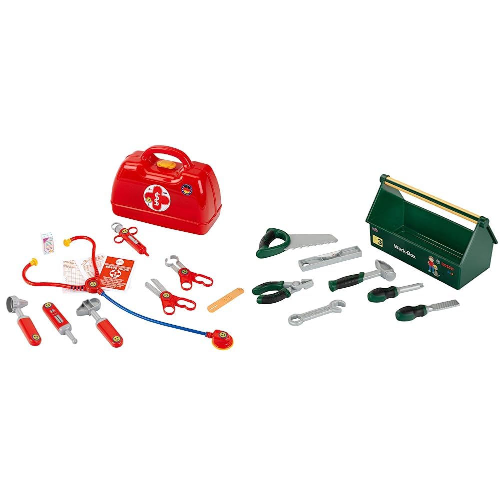 Theo Klein 4457 Doctor's Case | With Stethoscope & 8573 Tool Box | 7-piece Tool Set | Sturdy box with convenient carrying handle | Toy for children ages 3 and up
