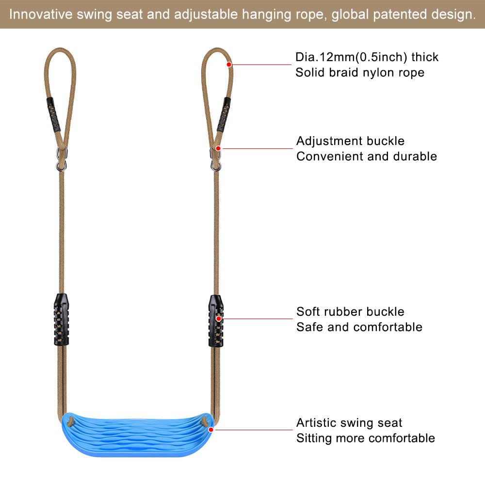 SELEWARE Non-Slip Plastic Swing Seat, sturdy tree swing set with adjustable rope and carabiners for kids and adults, for indoor and outdoor use, Blue, 2-Pack