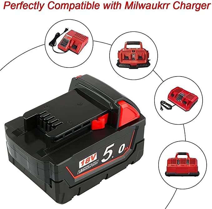 2X Waitley replacement battery 18V 5000mAh Li-ion battery for Milwaukee M18 M18B 48-11-1850 48-11-1852 48-11-1820 48-11-1860 48-11-1828 48-11-10...