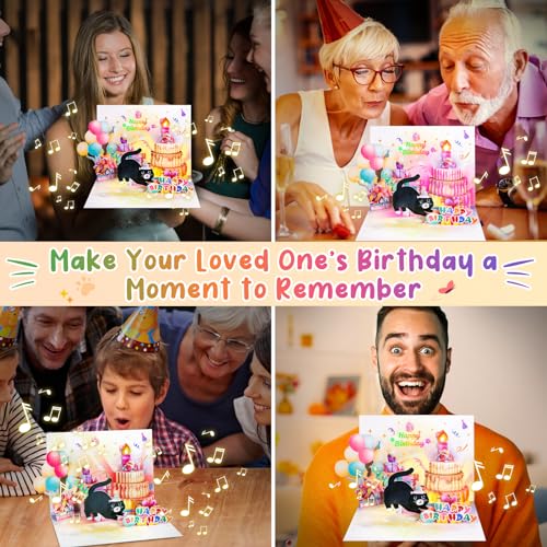FITMITE Birthday Cards, Cute Cat Music & Lights & Blow-out Candle, Funny Pop-up Birthday Card, Birthday Gifts for Women, Men, Cat Lovers, Mom, or Dad