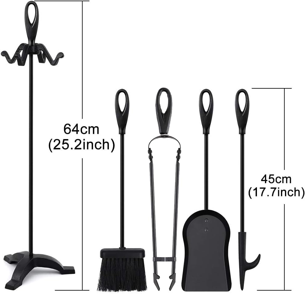 Amagabeli 25.2”(64cm) 5-piece Fireplace Tools Set Wrought Iron and Interior Fireplace Accessories Wood Holder Fireplace Stand Fire Tongs Shovel Antique Brush Chimney Poker Wood Stove (Black)