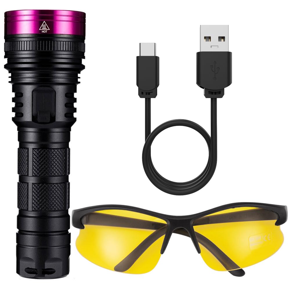 Alonefire SV18 12W UV flashlight 365nm USB rechargeable blacklight flashlight pet urine detector for resin curing, dry stains, scorpion with charging station, UV protective glasses, battery