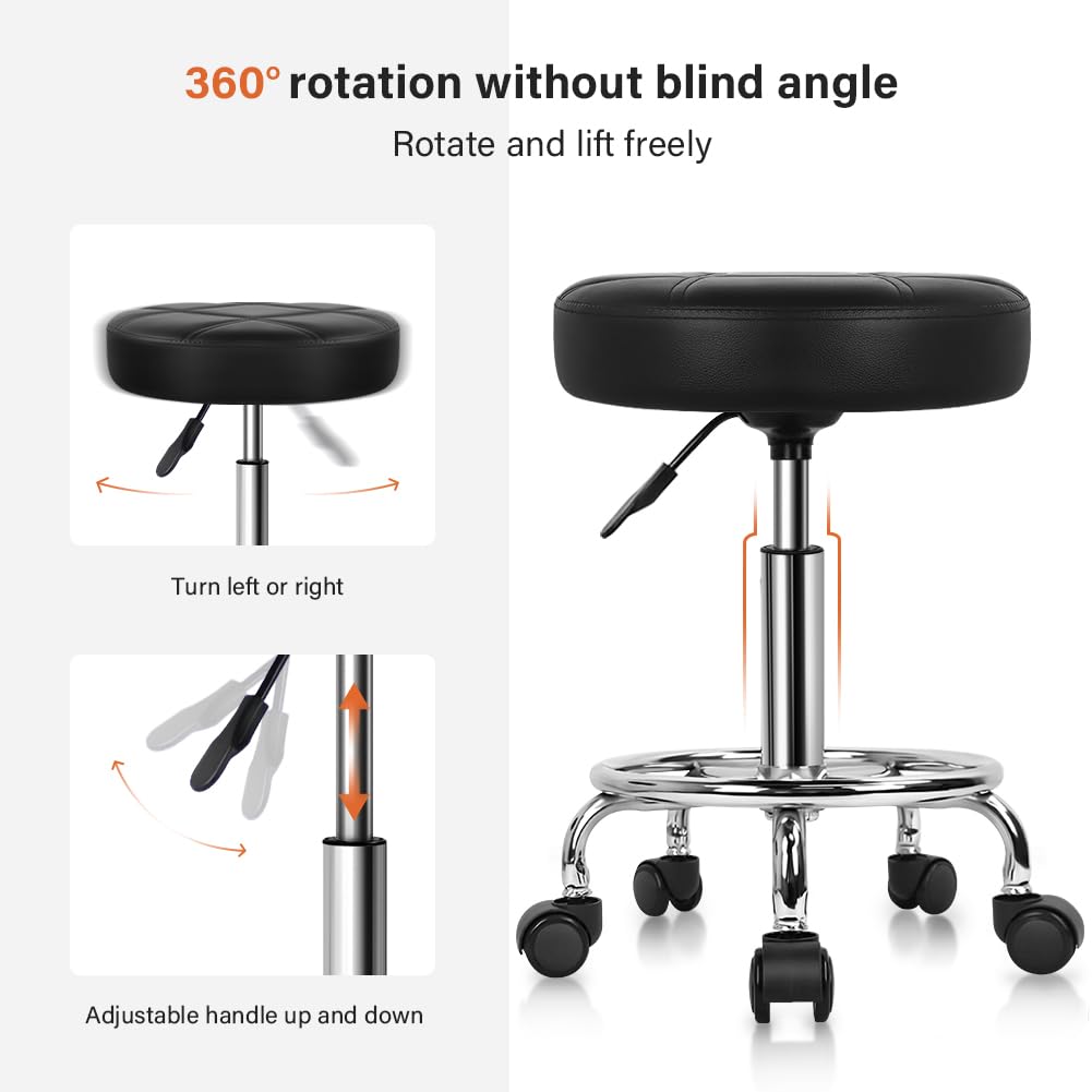 KKTONER Rolling Stool Work Stool Bar Stool height adjustable 49-64cm swivel in faux leather Black