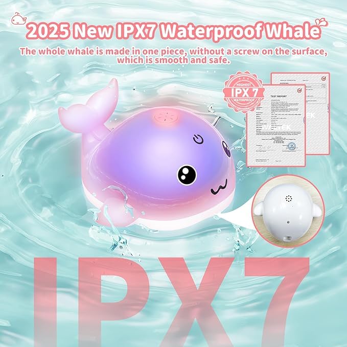 PHNIXGAM Baby Bathtub Toy, Rechargeable Light Up Whale Bath Toy Sprinkler Bath Pool Water Fountain Toy for Toddlers Kids, Pink