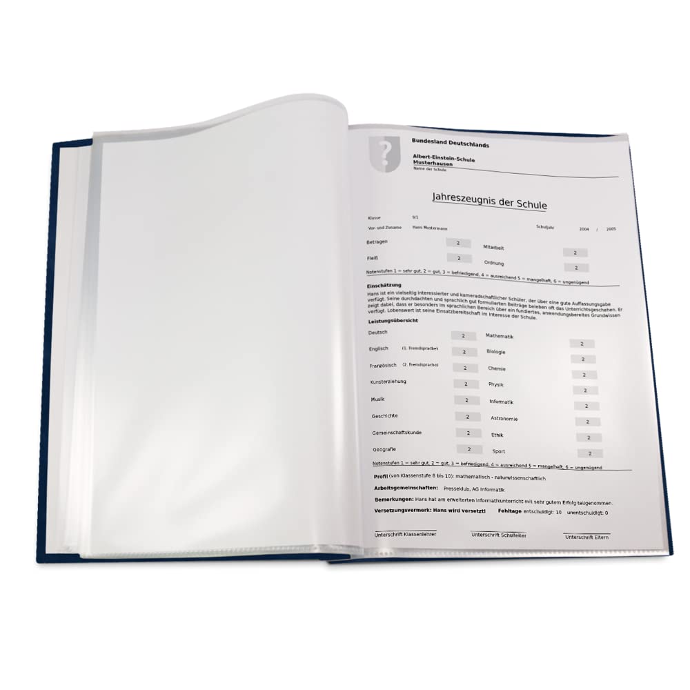 Customizable test report folder in blue velvet look with own name and design - incl. 12 document sleeves - Silver print with personalized design design.