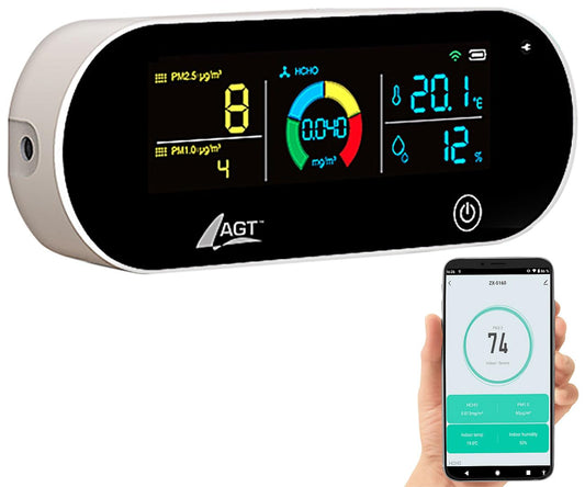 AGT indoor air quality monitor: 5-in-1 rechargeable air quality tester, HCHO, PM1/2.5, temperature, and more, app (air measurement, particle counter, health).