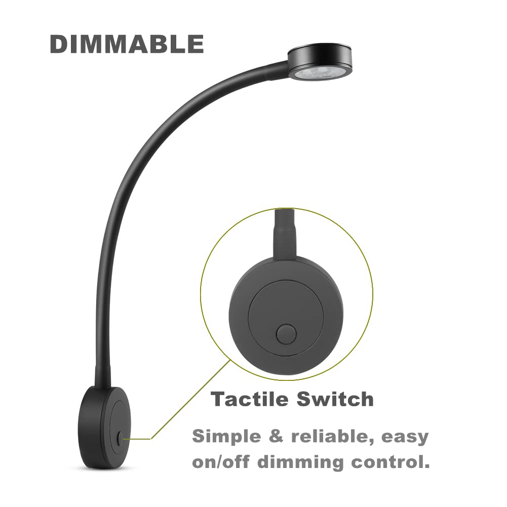 acegoo reading light 12V LED dimmable RV bed lamp, flexible gooseneck bedside DC12-24V 3200K built-in dimmer switch&USB charger, for boat car camper van yacht, wall mount (black)
