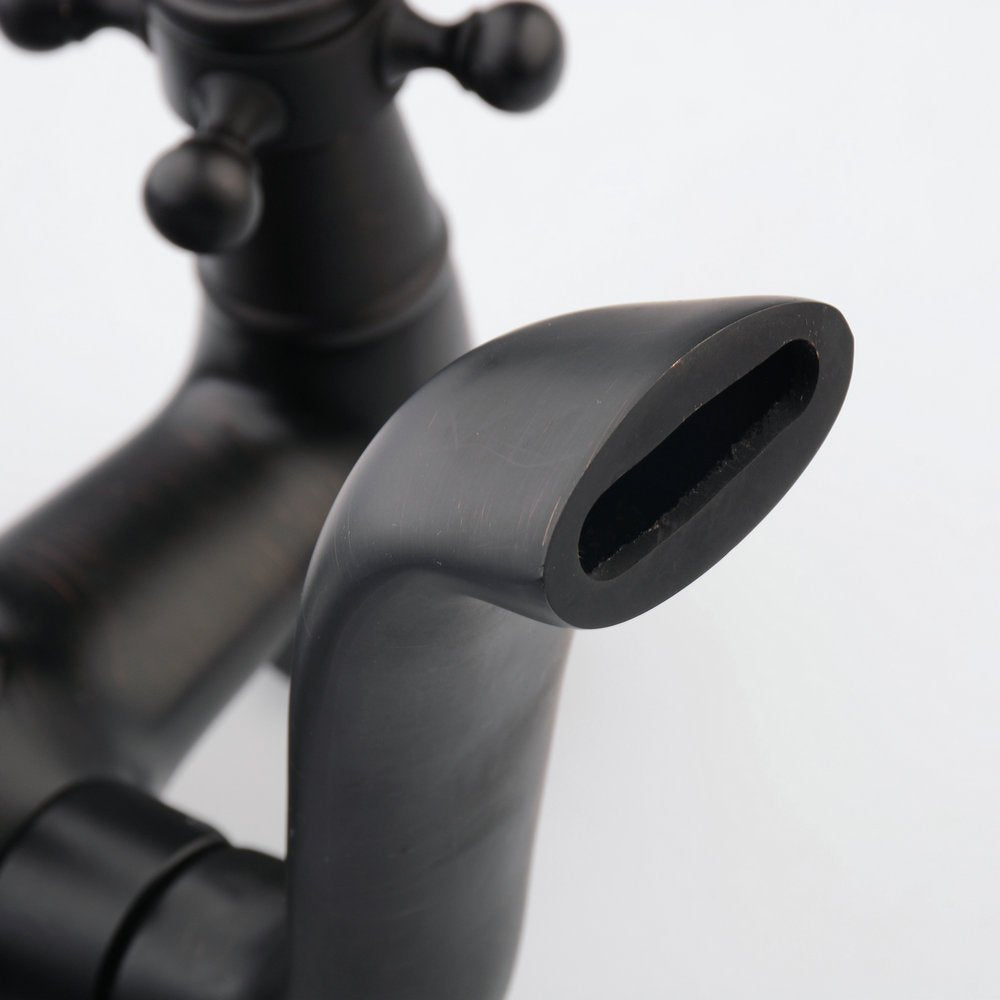 Hiendure® wall-mount two handle bathtub faucet with hand shower in rubbed oil bronze finish.