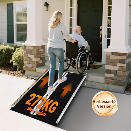 Wiltec wheelchair ramp double foldable 152cm 270kg, mobile access ramp with non-slip surface as roll ramp, aluminum suitcase ramp