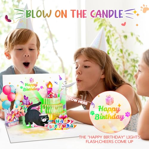 FITMITE Birthday Cards, Cute Cat Music & Lights & Blow-out Candle, Funny Pop-up Birthday Card, Birthday Gifts for Women, Men, Cat Lovers, Mom, or Dad