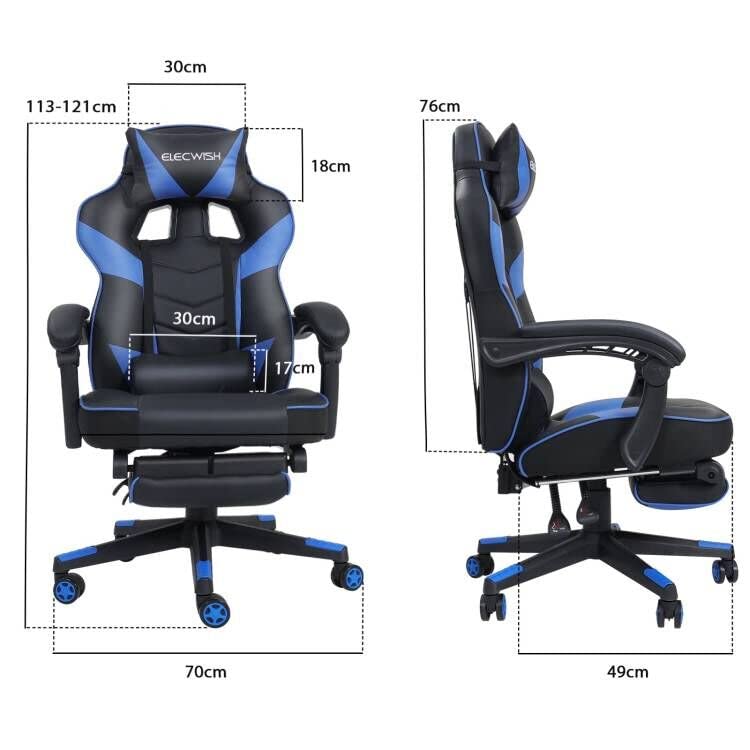 Puluomis Gaming Chair with Footrest, Racing Style, PC Chair, Swivel High-Back, Adjustable 90-150° Recline, Detachable Headrest, Lumbar Pillow, Ergonomic Design, Blue.