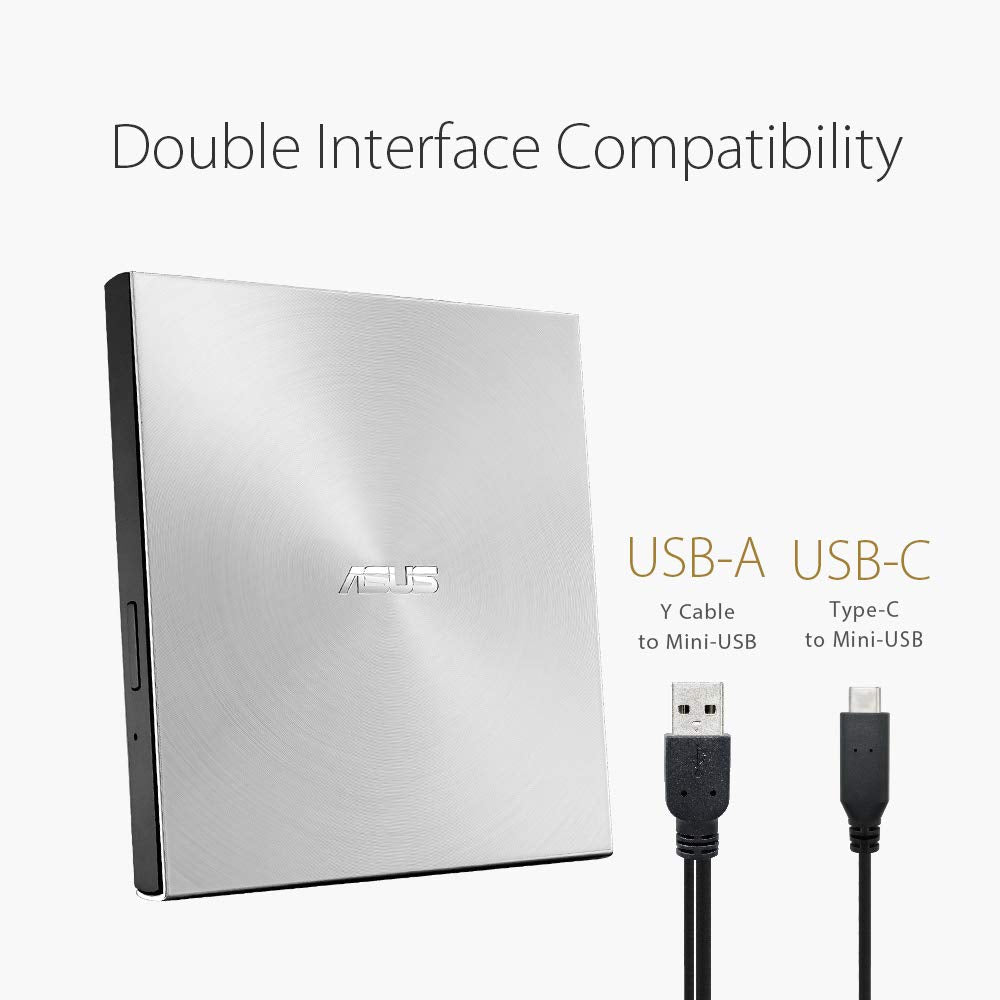 Asus ZenDrive U9M external DVD burner (for Apple MacBook & Windows PCs/Notebooks, incl. USB-C cable, burning software & Nero Backup App, M-Disc support, USB 2.0) silver