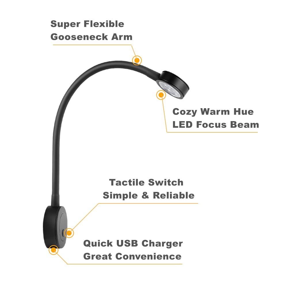 acegoo reading light 12V LED dimmable RV bed lamp, flexible gooseneck bedside DC12-24V 3200K built-in dimmer switch&USB charger, for boat car camper van yacht, wall mount (black)
