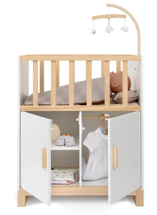 ELLA & PIET® Doll Bed Cozy with Wardrobe and Mobile made of Wood (White-Mud)