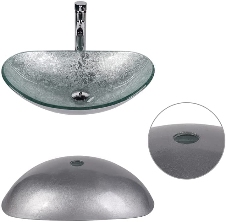 ARTETHYS Glass Countertop Basin with Faucet Drain, Oval Washbasin Vanity Set Silver, Bathroom Kitchen, Guest WC