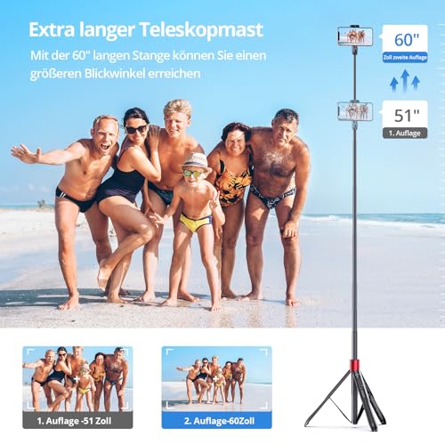 ATUMTEK Selfie Stick 150CM 3 in 1 Selfie Stick Bluetooth Telescopic Selfie Stick Tripod with Detachable Remote Phone Tripod for iPhone 13 Pro Max, Samsung, and other smartphones Red