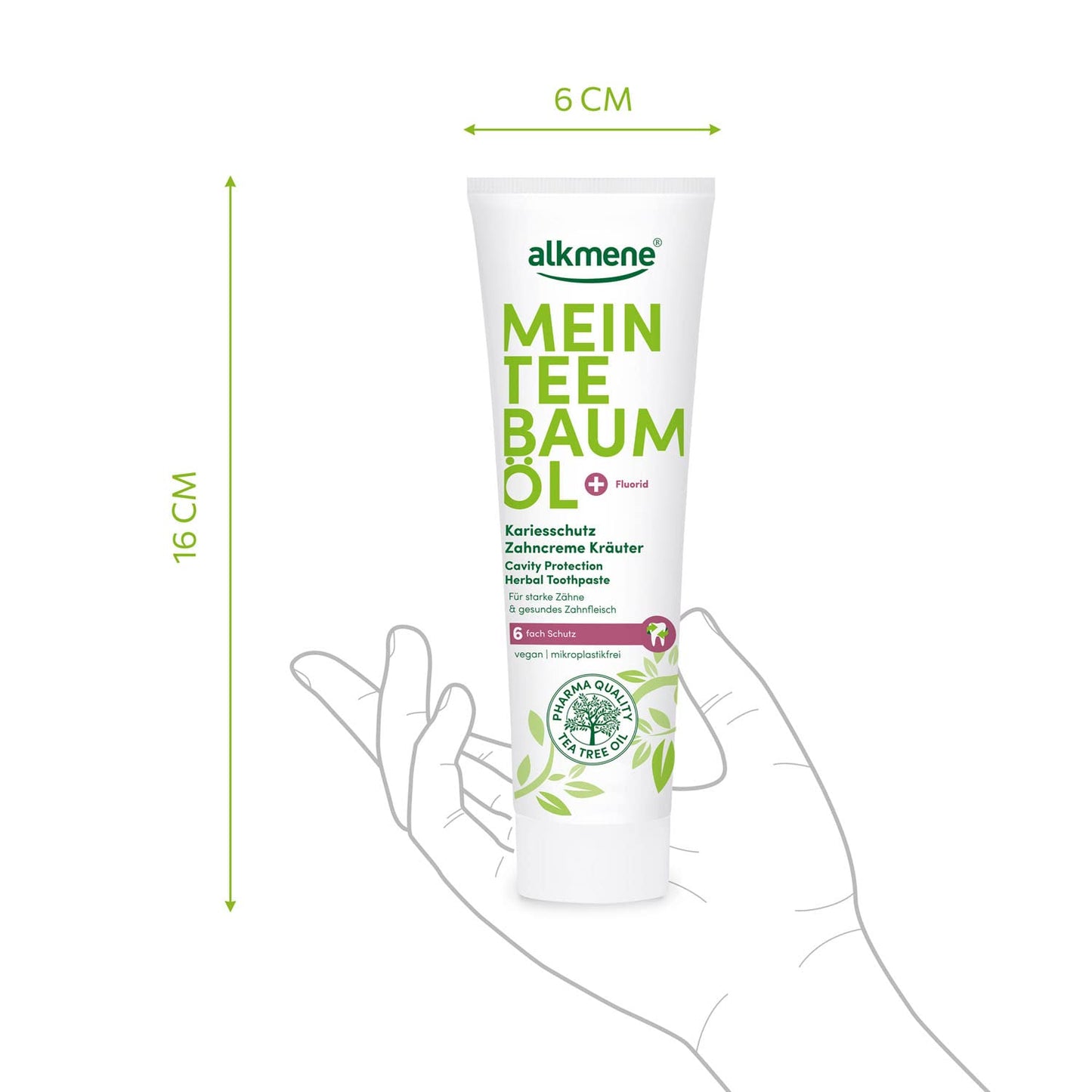 Alkmene My Tea Tree Oil Caries Protection Toothpaste Herbal 6x 100 ml with 6-fold protection - pure tea tree oil, vegan & climate neutral - Fluoride toothpaste for strong teeth & healthy gums