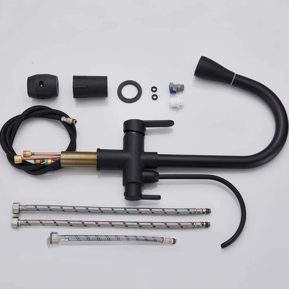 Onyzpily kitchen faucet Pure water High arc High pressure Kitchen tap with pull-out sprayer Extendable tap and 360° swivel Two spray functions Stainless steel Black
