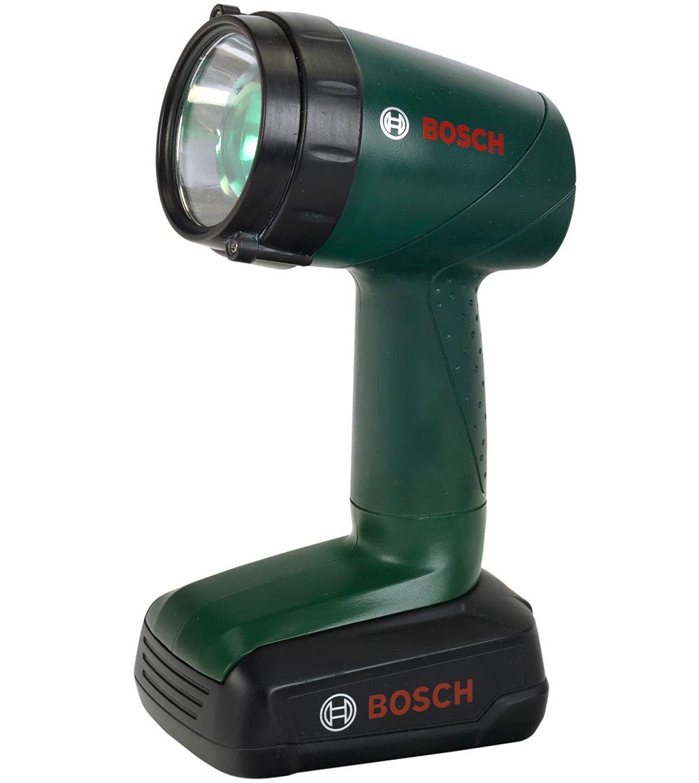 Theo Klein 8399 Bosch Chainsaw I Realistic, child-sized replica I 13 cm x 39.5 cm x 14 cm & Bosch Battery-Powered Lamp I Lamp that rotates 90 degrees I 9.5 cm x 6.4 cm x 18 cm