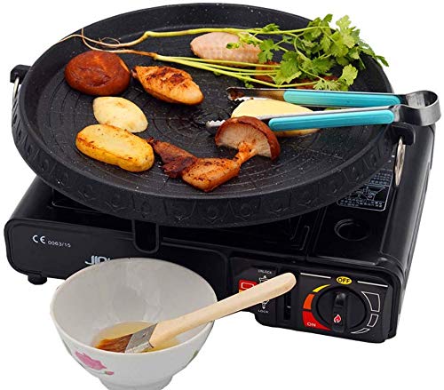 Korean-style grill pan with Maifan-coated surface, non-stick, smokeless grill plate for indoor and outdoor use, 32 x 32 cm.