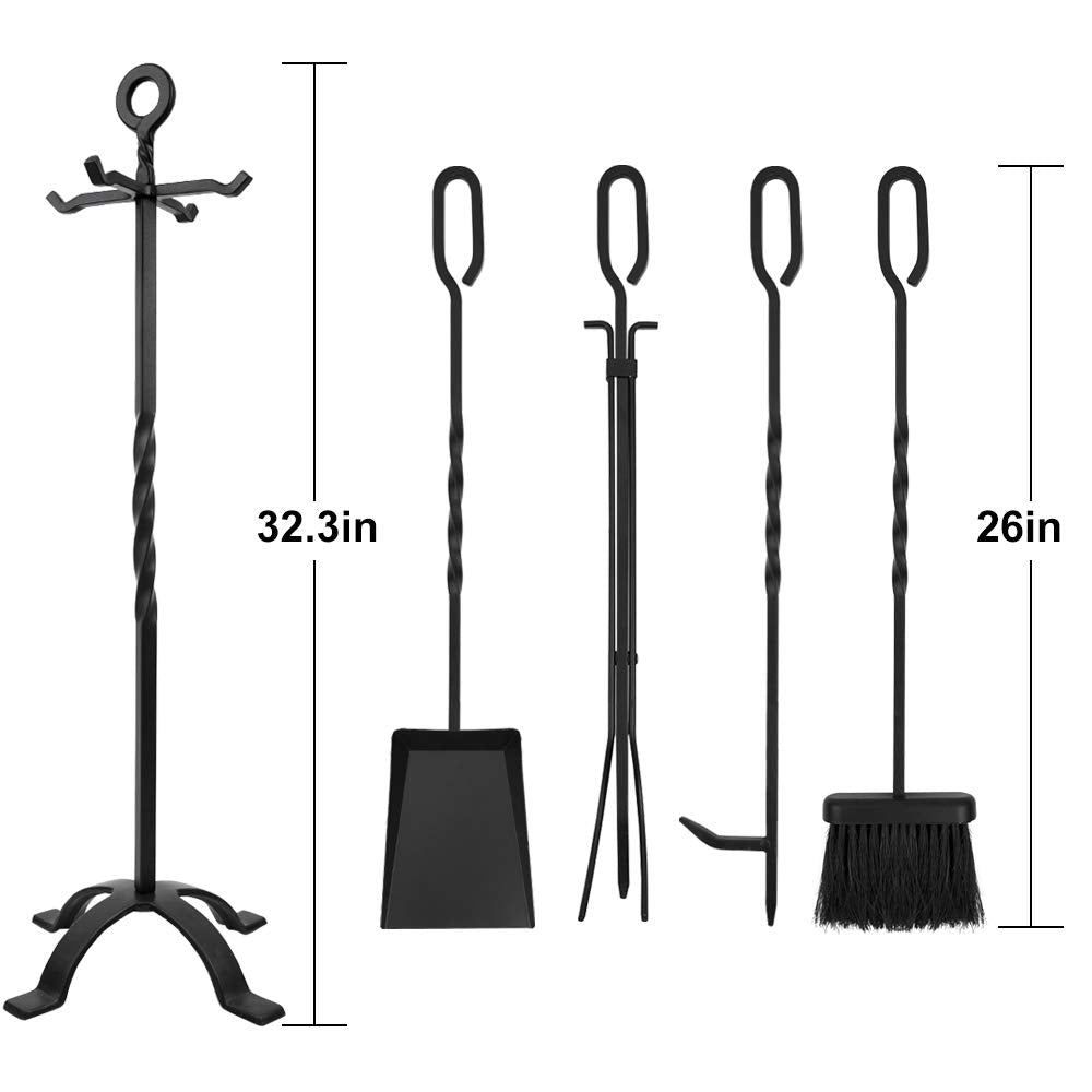 AMAGABELI 32" 5-piece fireplace tool set with wrought iron and interior fireplace accessories fireplace stand tongs shovel ash brush chimney poker black
